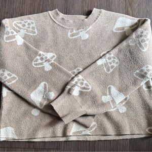 Cropped Mushroom Patterned Tan Sweater